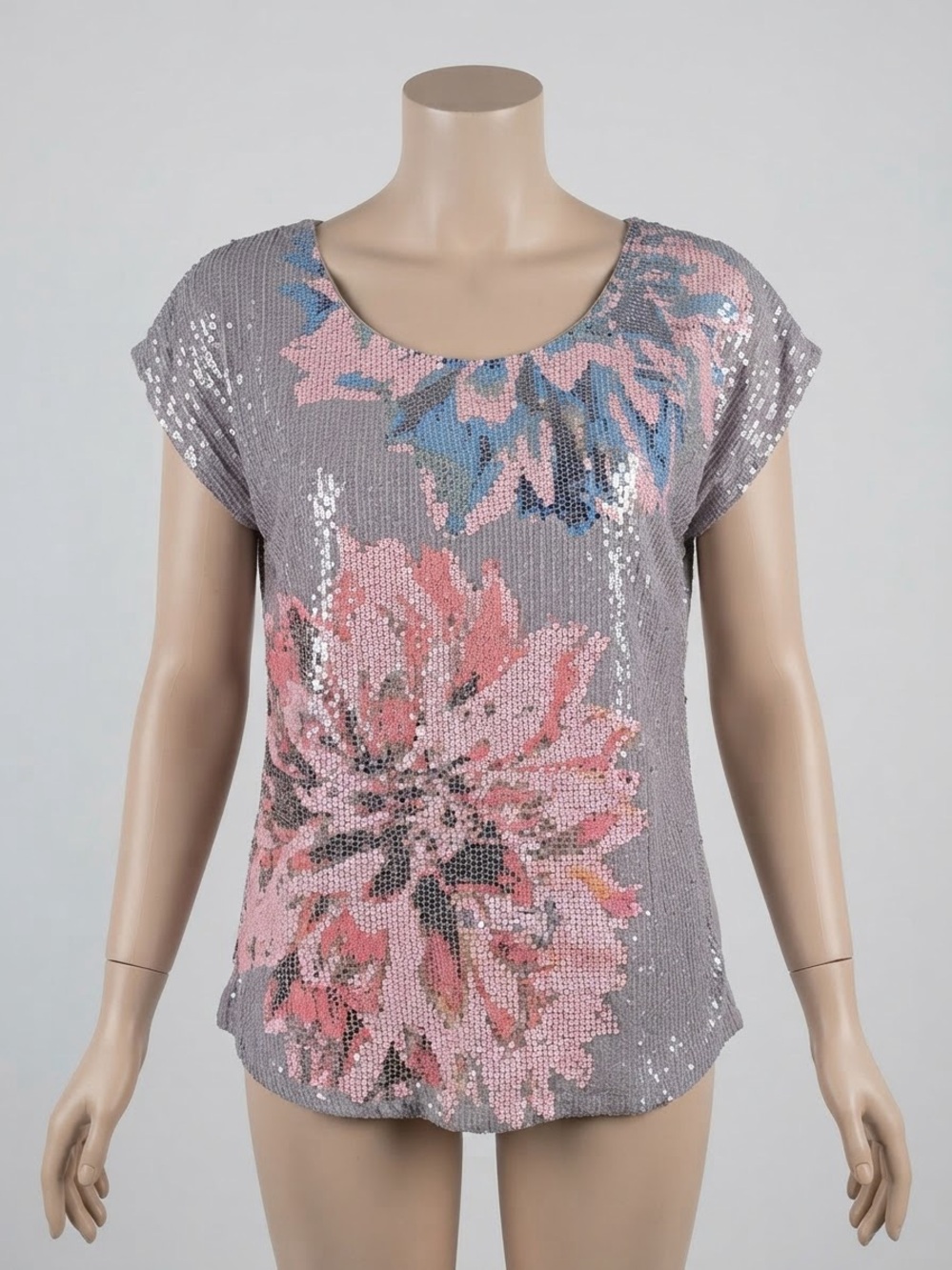 crosby. Sequin Floral Scoop Neck Top in Gray, Pink and Blue